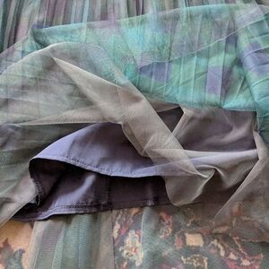 Cellabie Dark Green Plaid Pleated Tulle Midi Skirt